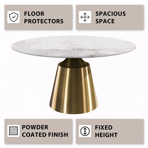 Prynn Modern Round Dining Table with Sintered Stone/Glass Top in Gold Stainless Steel Base