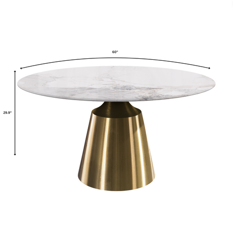 Prynn Modern Round Dining Table with Sintered Stone/Glass Top in Gold Stainless Steel Base