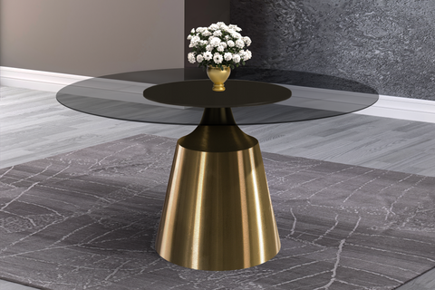 Prynn Modern Round Dining Table with Sintered Stone/Glass Top in Gold Stainless Steel Base