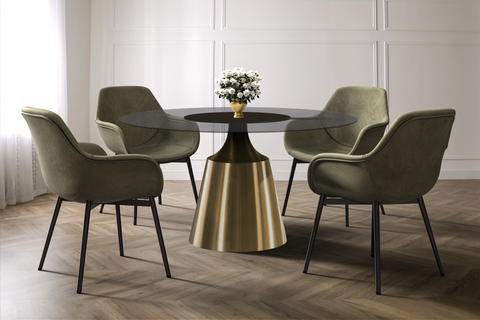 Prynn Modern Round Dining Table with Sintered Stone/Glass Top in Gold Stainless Steel Base