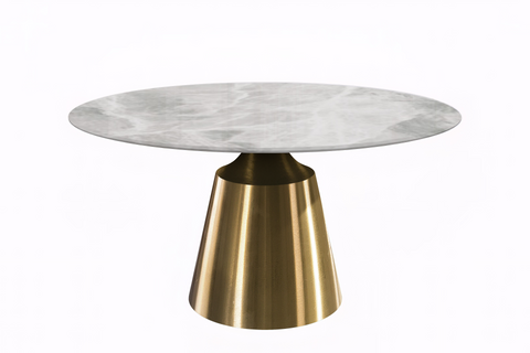 Prynn Modern Round Dining Table with Sintered Stone/Glass Top in Gold Stainless Steel Base