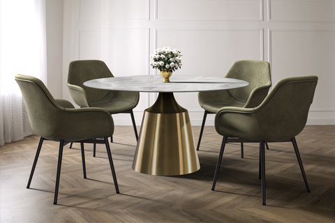 Prynn Modern Round Dining Table with Sintered Stone/Glass Top in Gold Stainless Steel Base