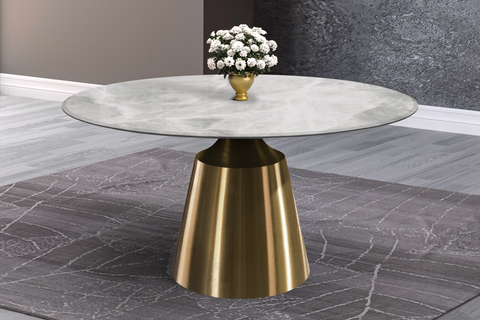 Prynn Modern Round Dining Table with Sintered Stone/Glass Top in Gold Stainless Steel Base