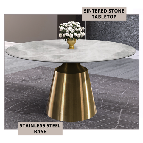 Prynn Modern Round Dining Table with Sintered Stone/Glass Top in Gold Stainless Steel Base