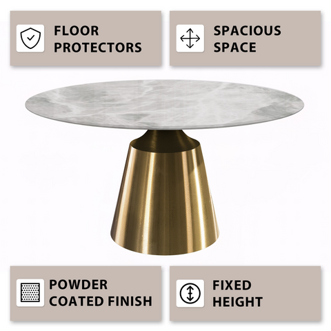 Prynn Modern Round Dining Table with Sintered Stone/Glass Top in Gold Stainless Steel Base