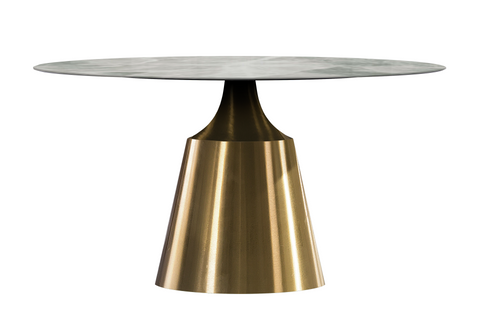 Prynn Modern Round Dining Table with Sintered Stone/Glass Top in Gold Stainless Steel Base