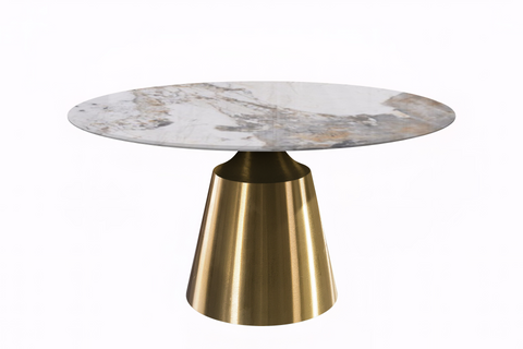 Prynn Modern Round Dining Table with Sintered Stone/Glass Top in Gold Stainless Steel Base