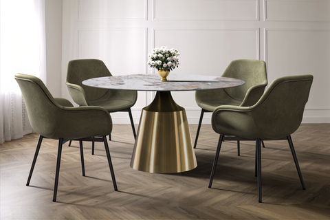 Prynn Modern Round Dining Table with Sintered Stone/Glass Top in Gold Stainless Steel Base