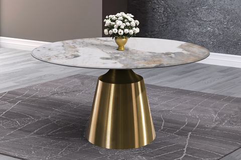 Prynn Modern Round Dining Table with Sintered Stone/Glass Top in Gold Stainless Steel Base