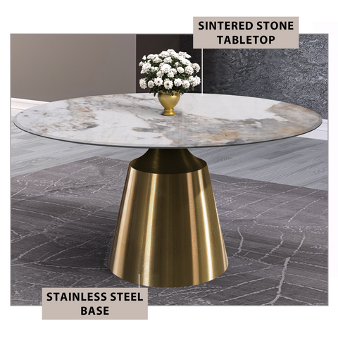 Prynn Modern Round Dining Table with Sintered Stone/Glass Top in Gold Stainless Steel Base