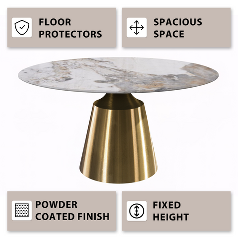 Prynn Modern Round Dining Table with Sintered Stone/Glass Top in Gold Stainless Steel Base