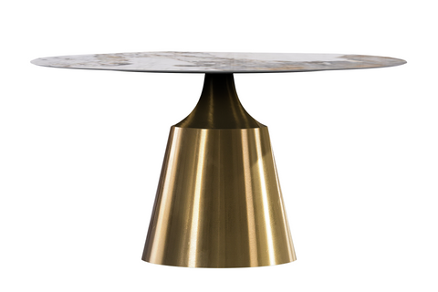 Prynn Modern Round Dining Table with Sintered Stone/Glass Top in Gold Stainless Steel Base