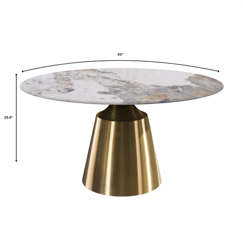 Prynn Modern Round Dining Table with Sintered Stone/Glass Top in Gold Stainless Steel Base