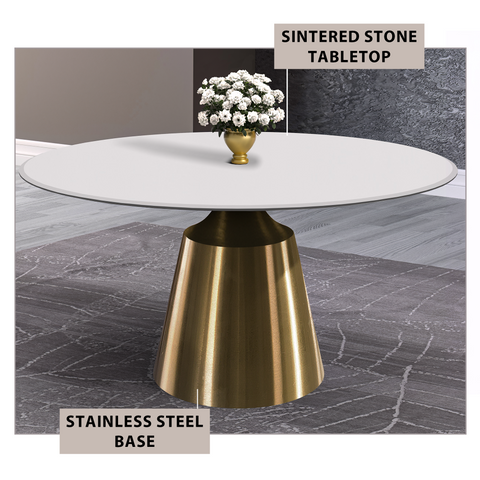 Prynn Modern Round Dining Table with Sintered Stone/Glass Top in Gold Stainless Steel Base