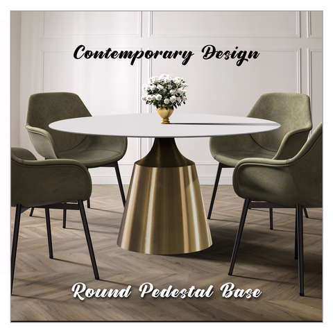 Prynn Modern Round Dining Table with Sintered Stone/Glass Top in Gold Stainless Steel Base