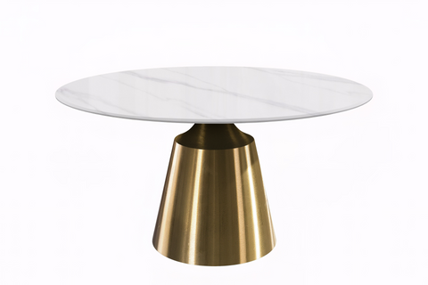 Prynn Modern Round Dining Table with Sintered Stone/Glass Top in Gold Stainless Steel Base