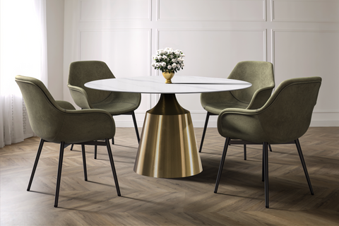 Prynn Modern Round Dining Table with Sintered Stone/Glass Top in Gold Stainless Steel Base