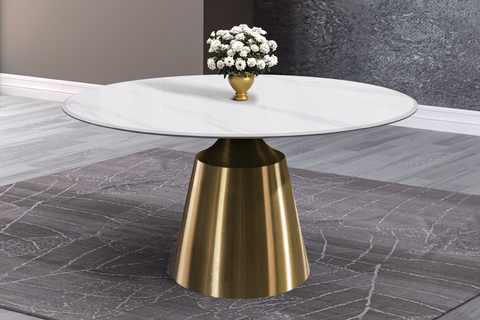 Prynn Modern Round Dining Table with Sintered Stone/Glass Top in Gold Stainless Steel Base