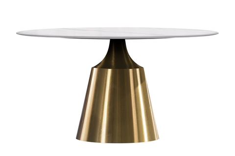 Prynn Modern Round Dining Table with Sintered Stone/Glass Top in Gold Stainless Steel Base