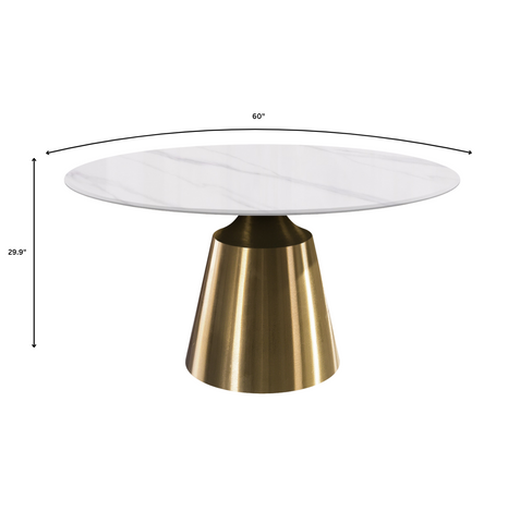 Prynn Modern Round Dining Table with Sintered Stone/Glass Top in Gold Stainless Steel Base