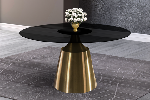 Prynn Modern Round Dining Table with Sintered Stone/Glass Top in Gold Stainless Steel Base