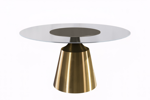 Prynn Modern Round Dining Table with Sintered Stone/Glass Top in Gold Stainless Steel Base