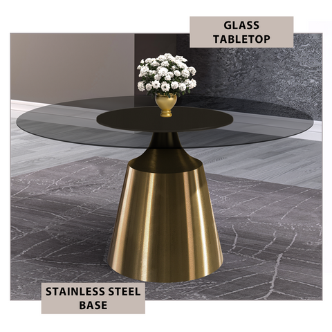 Prynn Modern Round Dining Table with Sintered Stone/Glass Top in Gold Stainless Steel Base