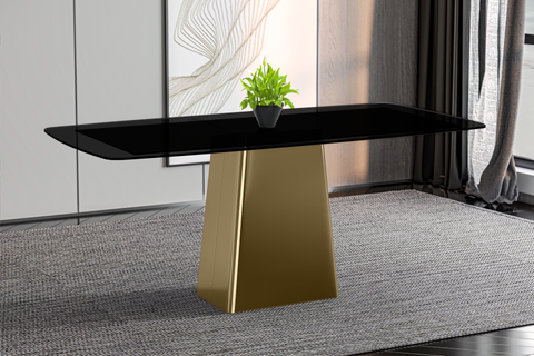 Quinix Rectangular Dining Table with Sintered Stone/Glass Tabletop and Gold Stainless Steel Base