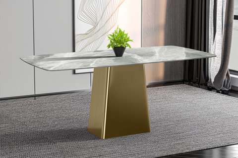 Quinix Rectangular Dining Table with Sintered Stone or Glass Rectangular Top and Gold Stainless Steel Base