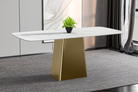 Quinix Rectangular Dining Table with Sintered Stone/Glass Tabletop and Gold Stainless Steel Base