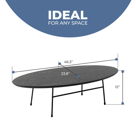 Rossmore Mid Century Modern Oval Coffee Table with Black Powder Coated Steel Frame