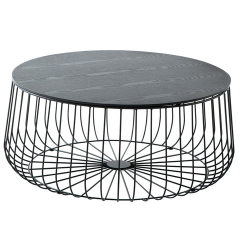 Runswick Mid Century Modern Round Coffee Table with an Ash Veneer Top with Black Wire Steel Base Design Accent Table for Living Room and Bedroom