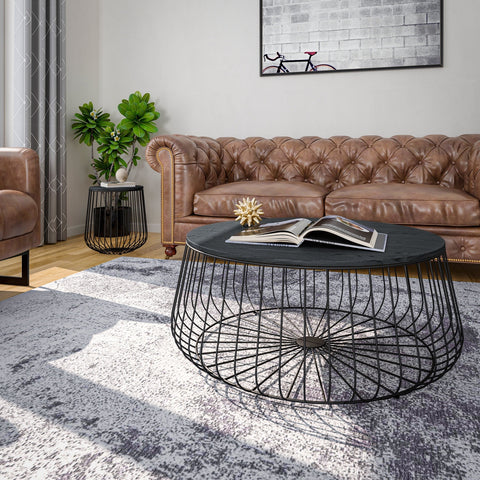Runswick Mid Century Modern Round Coffee Table with an Ash Veneer Top with Black Wire Steel Base Design Accent Table for Living Room and Bedroom