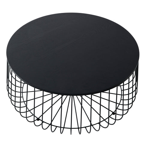 Runswick Mid Century Modern Round Coffee Table with an Ash Veneer Top with Black Wire Steel Base Design Accent Table for Living Room and Bedroom