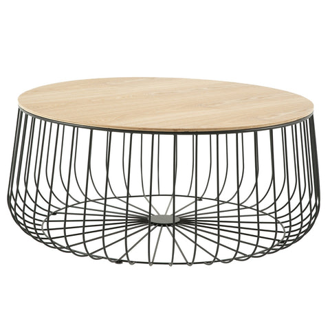 Runswick Mid Century Modern Round Coffee Table with an Ash Veneer Top with Black Wire Steel Base Design Accent Table for Living Room and Bedroom