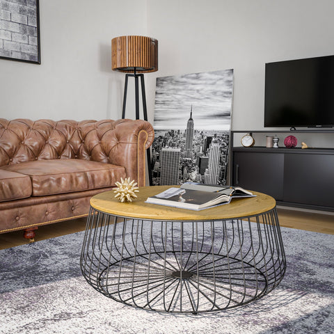 Runswick Mid Century Modern Round Coffee Table with an Ash Veneer Top with Black Wire Steel Base Design Accent Table for Living Room and Bedroom