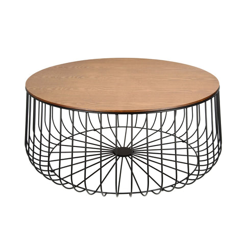 Runswick Mid Century Modern Round Coffee Table with an Ash Veneer Top with Black Wire Steel Base Design Accent Table for Living Room and Bedroom