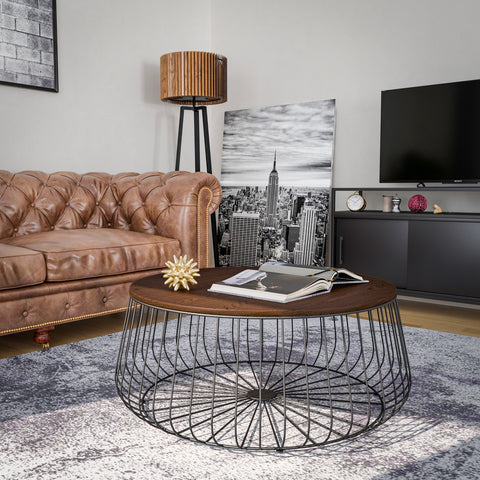 Runswick Mid Century Modern Round Coffee Table with an Ash Veneer Top with Black Wire Steel Base Design Accent Table for Living Room and Bedroom