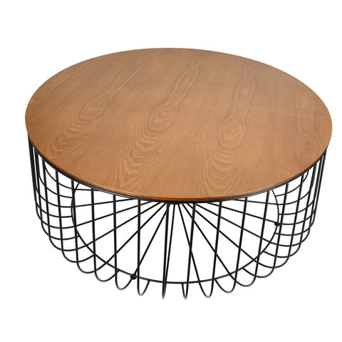 Runswick Mid Century Modern Round Coffee Table with an Ash Veneer Top with Black Wire Steel Base Design Accent Table for Living Room and Bedroom