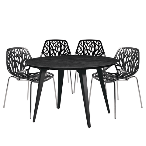 Ravenna Modern 5-Piece Dining Set with 4 Stackable Plastic Chairs and Round Wood Table with Metal Base