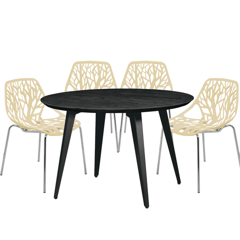 Ravenna Modern 5-Piece Dining Set with 4 Stackable Plastic Chairs and Round Wood Table with Metal Base