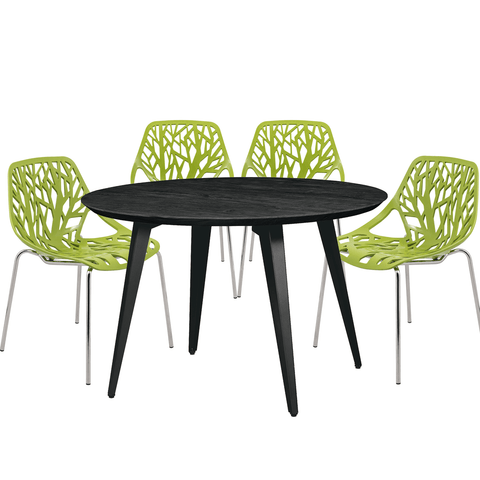 Ravenna Modern 5-Piece Dining Set with 4 Stackable Plastic Chairs and Round Wood Table with Metal Base
