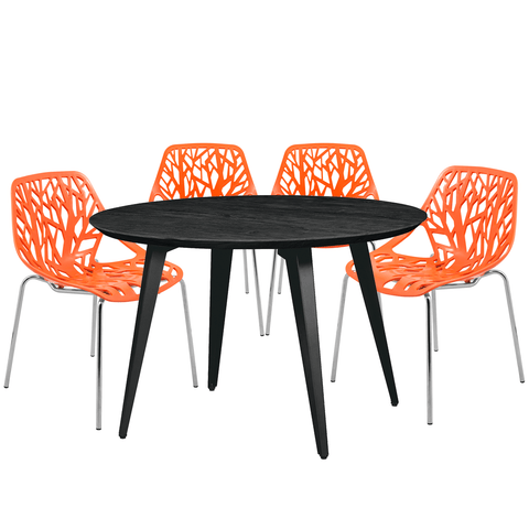 Ravenna Modern 5-Piece Dining Set with 4 Stackable Plastic Chairs and Round Wood Table with Metal Base