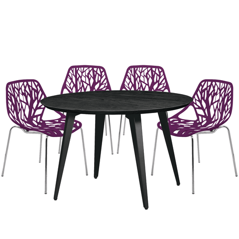 Ravenna Modern 5-Piece Dining Set with 4 Stackable Plastic Chairs and Round Wood Table with Metal Base