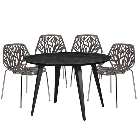 Ravenna Modern 5-Piece Dining Set with 4 Stackable Plastic Chairs and Round Wood Table with Metal Base