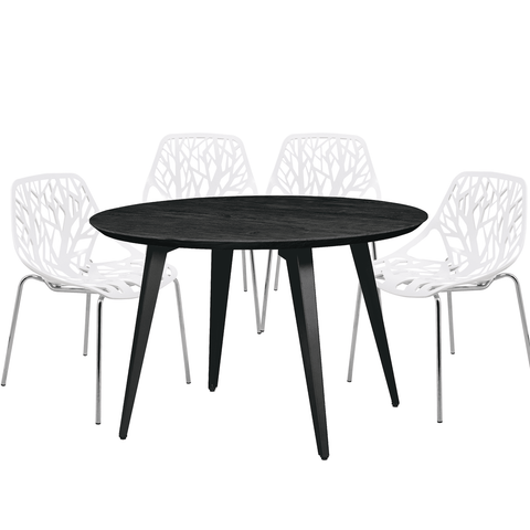 Ravenna Modern 5-Piece Dining Set with 4 Stackable Plastic Chairs and Round Wood Table with Metal Base