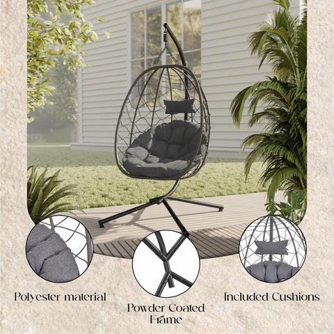 Summit Outdoor Single Person Egg Swing Chair in Grey/Black/Brown Steel Frame With Removable Cushions