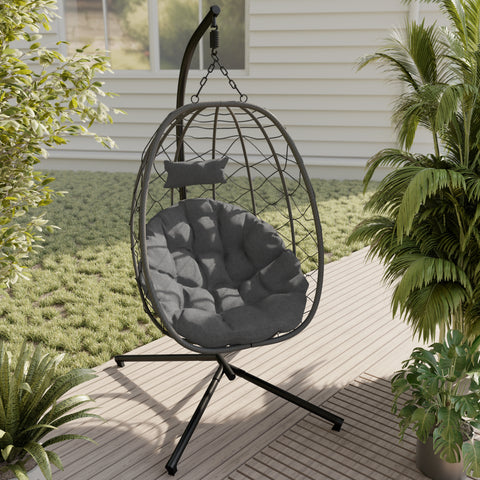 Summit Outdoor Single Person Egg Swing Chair in Grey/Black/Brown Steel Frame With Removable Cushions