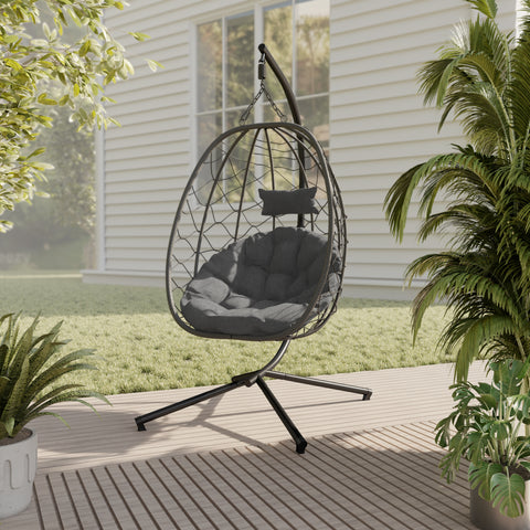 Summit Outdoor Single Person Egg Swing Chair in Grey/Black/Brown Steel Frame With Removable Cushions