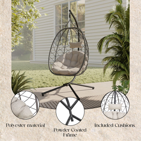 Summit Outdoor Single Person Egg Swing Chair in Grey/Black/Brown Steel Frame With Removable Cushions